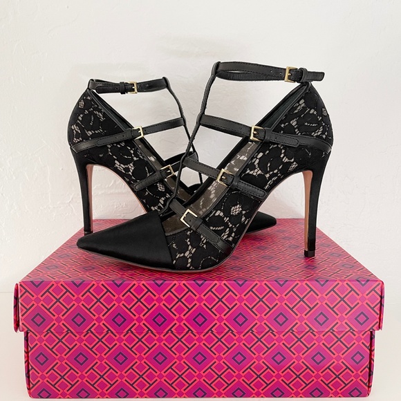 TORY BURCH Satin Lace Leather Black Pointy Toe Camellia shoes Heels pumps US 9.5 - Picture 2 of 9
